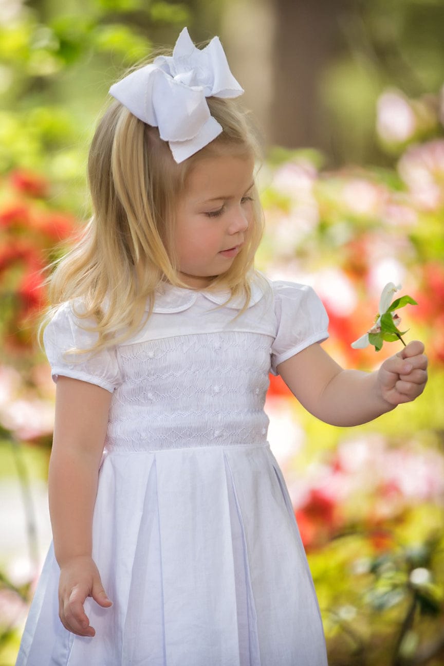Smocked Flower Girl Dress, White Heirloom Dresses Classic Sleeves –  Strasburg Children