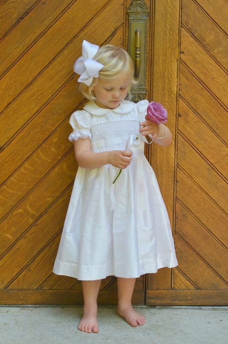Silk Flower Girl Dress, White Dresses girls Unique Sash Smocked – Strasburg  Children